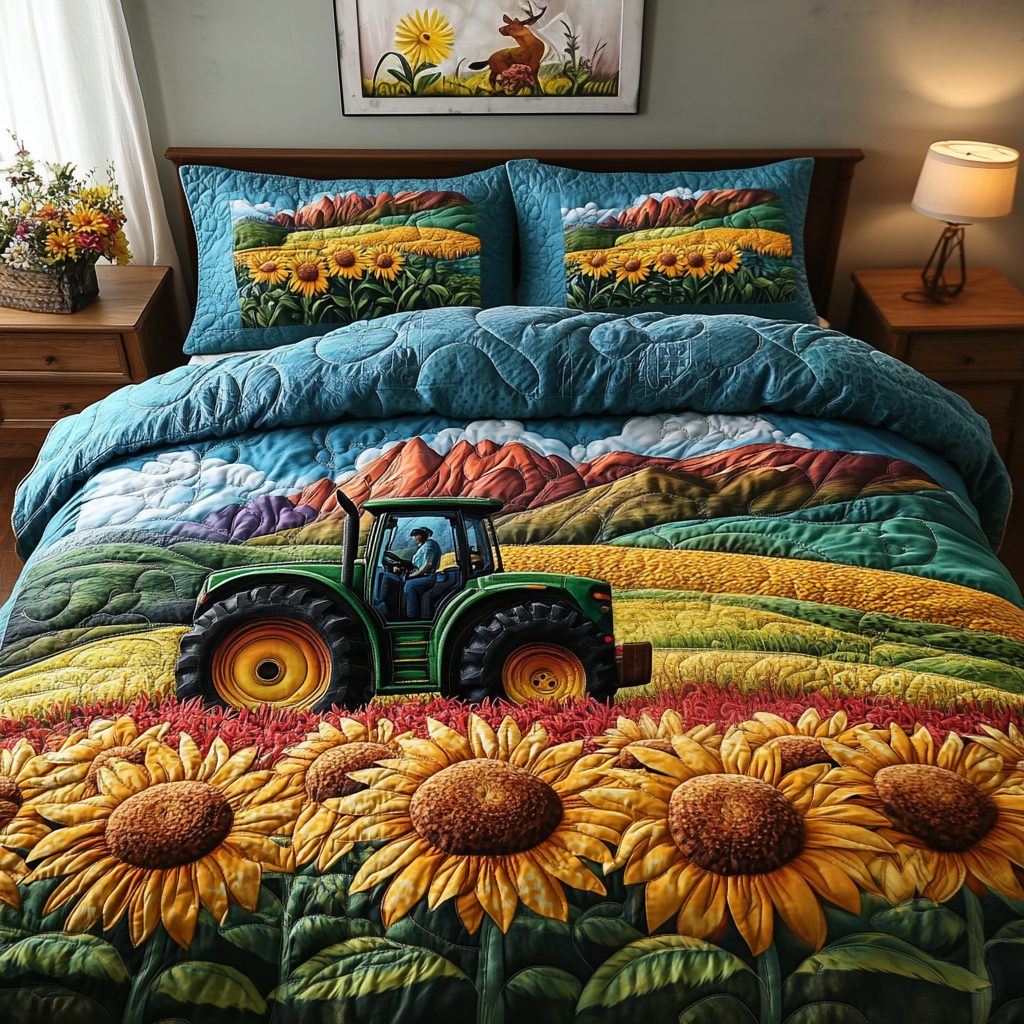 Sunlit Fields quilted 3-piece bedding set on a made bed with two matching pillow shams