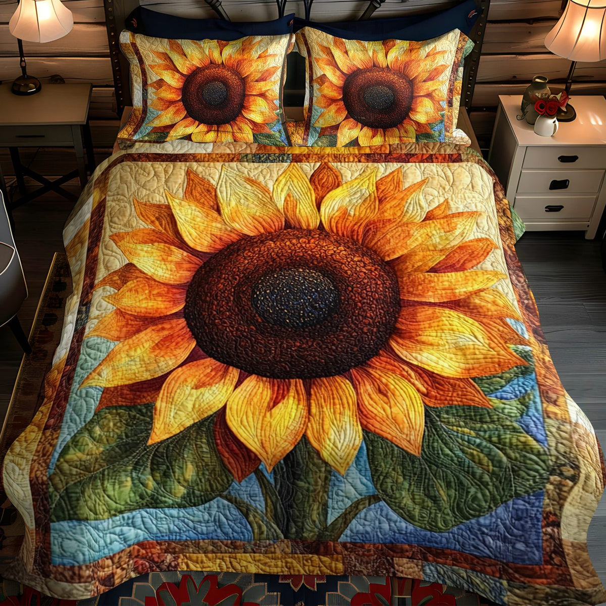 Sunlit Fields quilted 3-piece bedding set on a made bed with two matching pillow shams