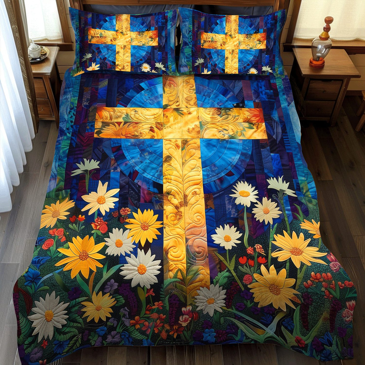 Sunlit Garden quilted 3-piece bedding set on a made bed with two matching pillow shams