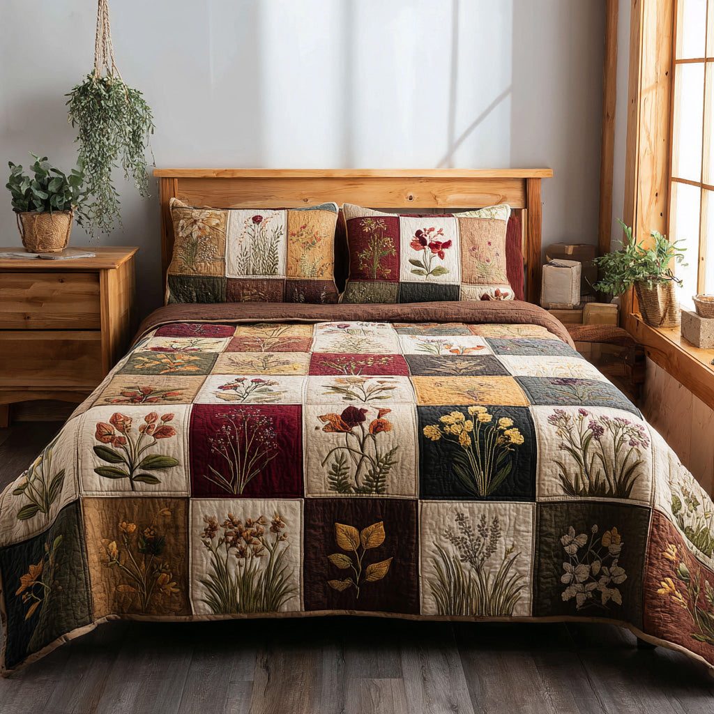 Sunlit Hexagons quilted 3-piece bedding set on a made bed with two matching pillow shams