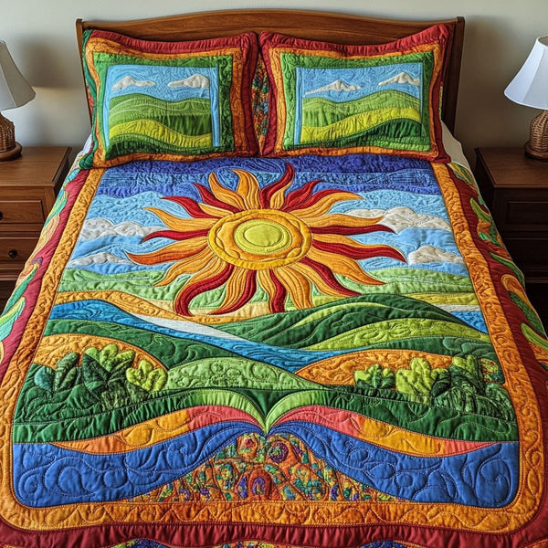 Sunlit Horizon quilted 3-piece bedding set on a made bed with two matching pillow shams