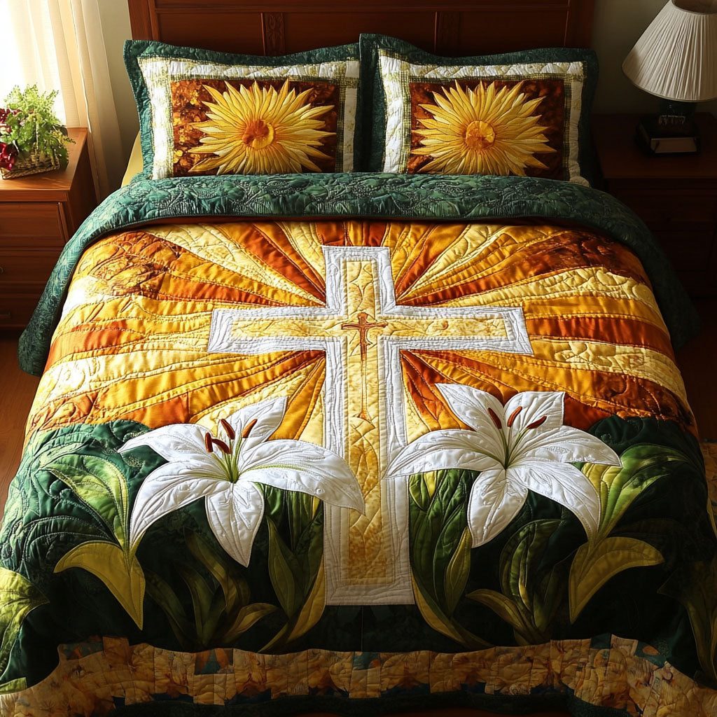 Sunlit Lily Cross quilted 3-piece bedding set on a made bed in a softly lit bedroom