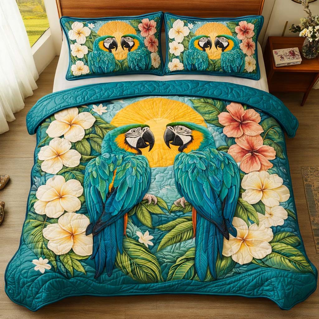 Sunlit Macaws quilted 3-piece bedding set on a made bed with two matching pillow shams