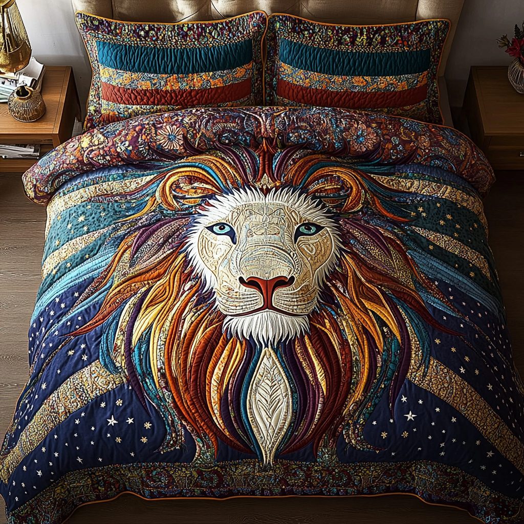 Sunlit Majesty quilted 3-piece bedding set on a made bed with two matching pillow shams