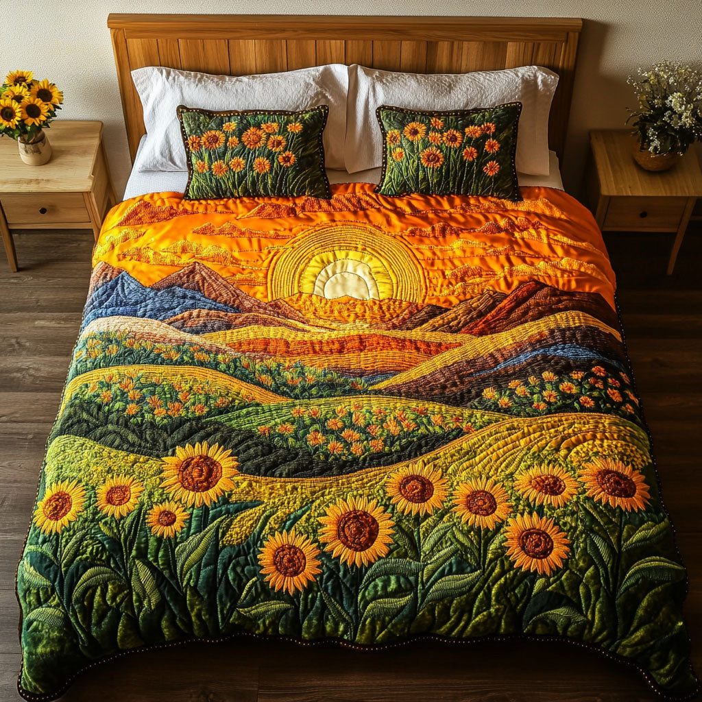 Sunlit Meadow Hills quilted 3-piece bedding set on a made bed with two matching pillow shams