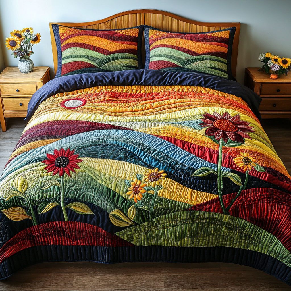 Sunlit Meadow quilted 3-piece bedding set on a made bed with two matching pillow shams