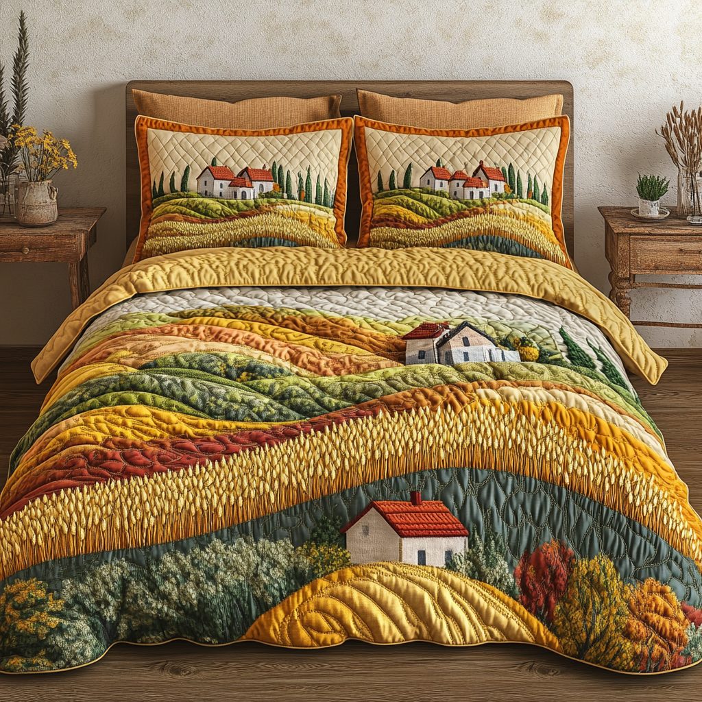Sunlit Meadow quilted 3-piece bedding set on a made bed with two matching pillow shams