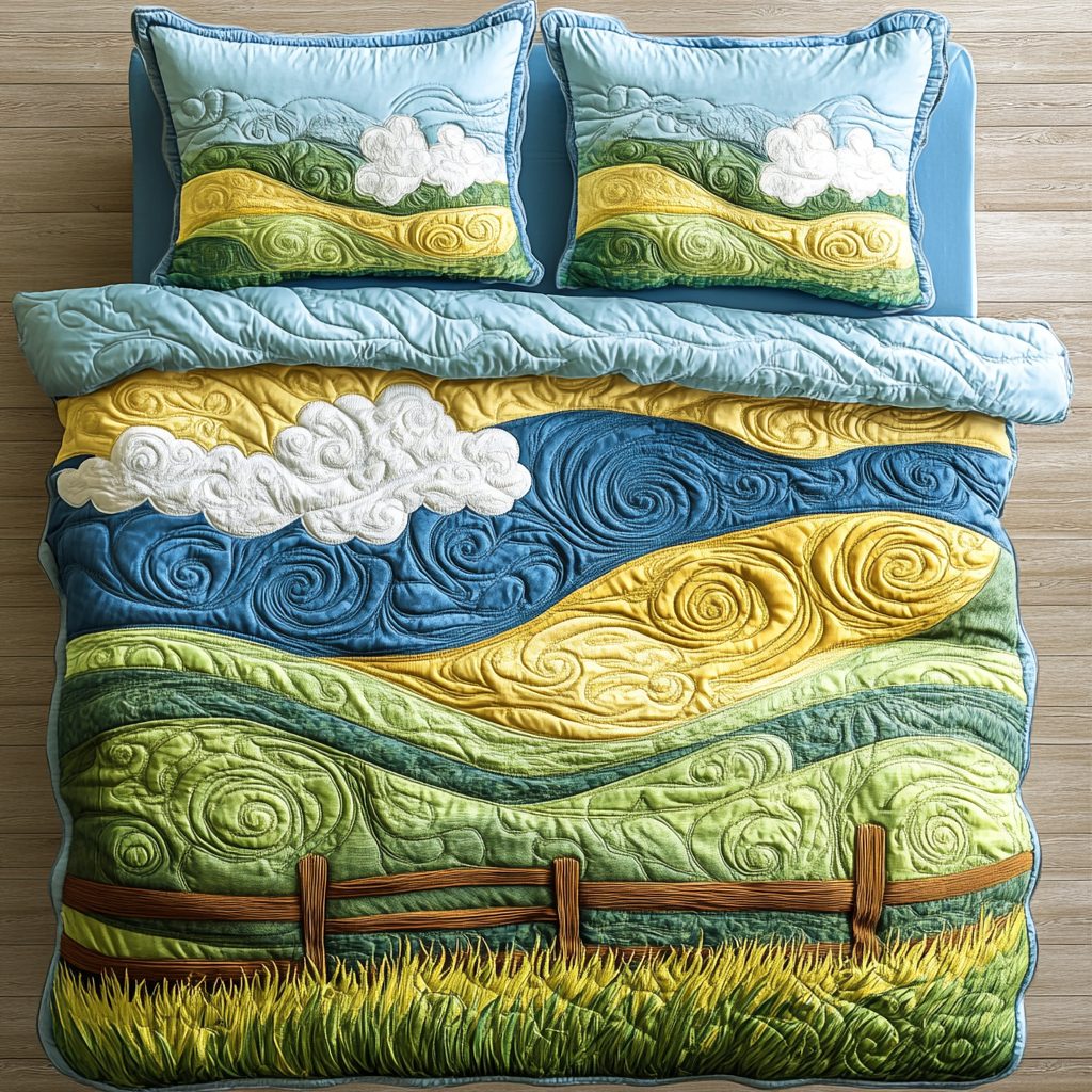 Sunlit Meadows quilted 3-piece bedding set on a made bed with two matching pillow shams