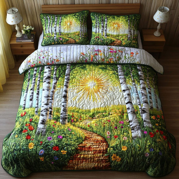 Sunlit Path quilted 3-piece bedding set on a made bed with two matching pillow shams