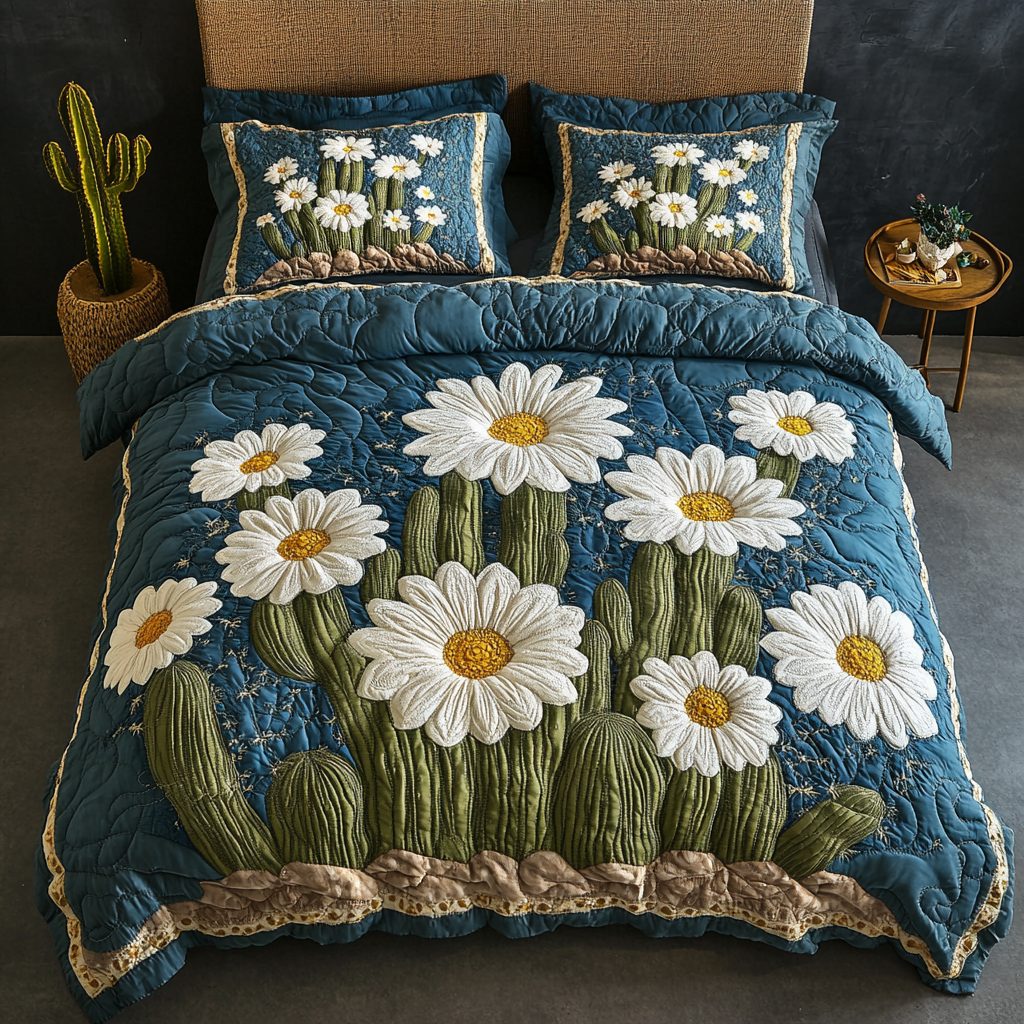 Sunlit Petals quilted 3-piece bedding set on a made bed with two matching pillow shams