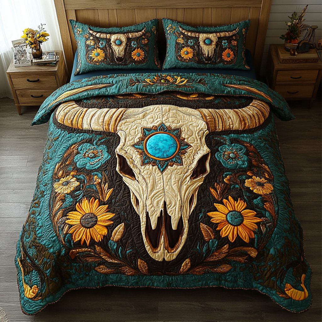 Sunlit Plains Elegance quilted 3-piece bedding set on a made bed with two matching pillow shams