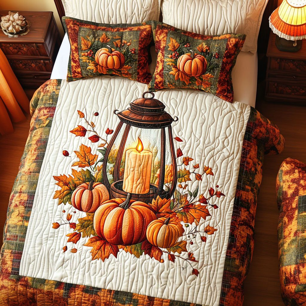Sunlit Pumpkins quilted 3-piece bedding set on a made bed against a dark styled interior