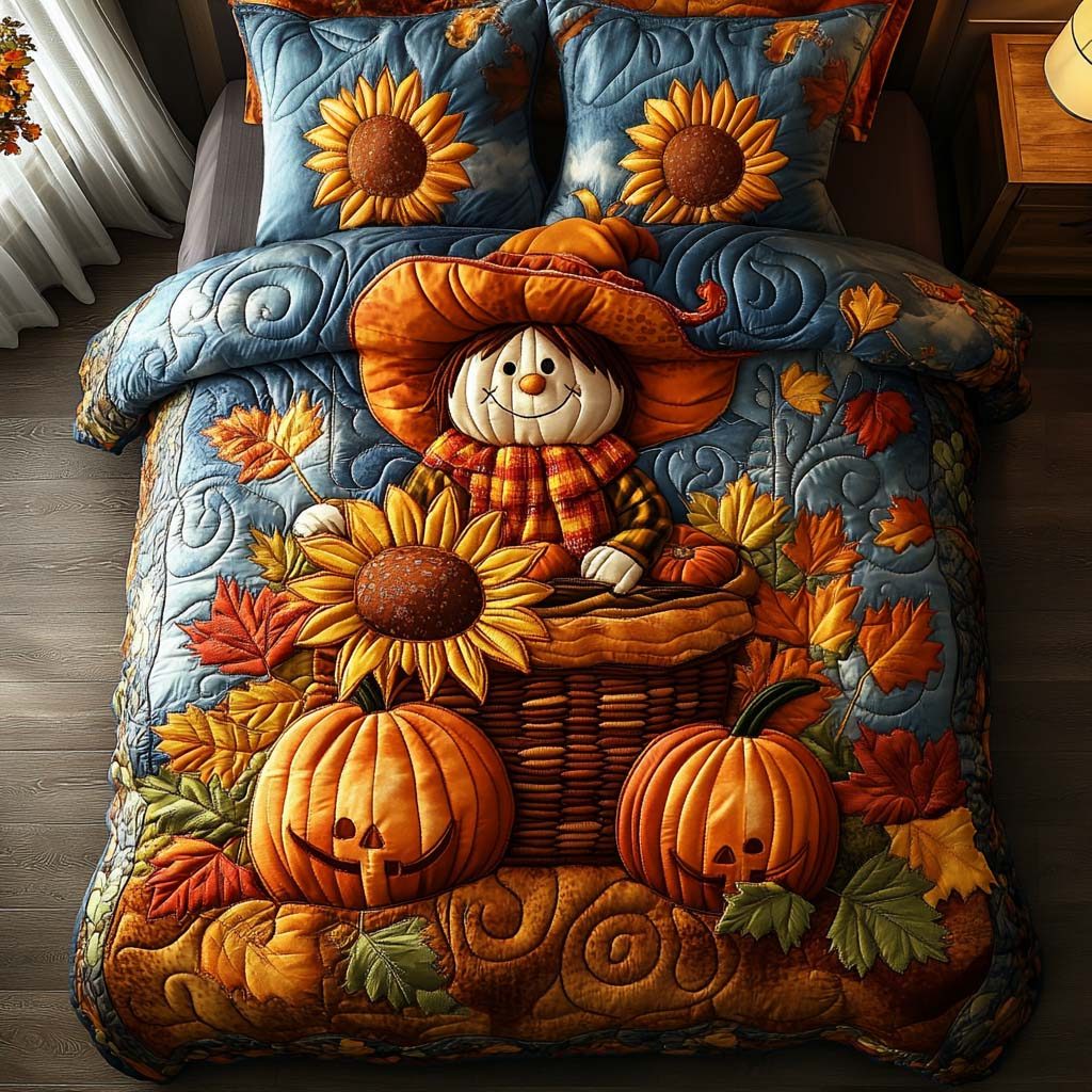 Sunlit Scarecrow Walk quilted 3-piece bedding set on a made bed with two matching pillow shams