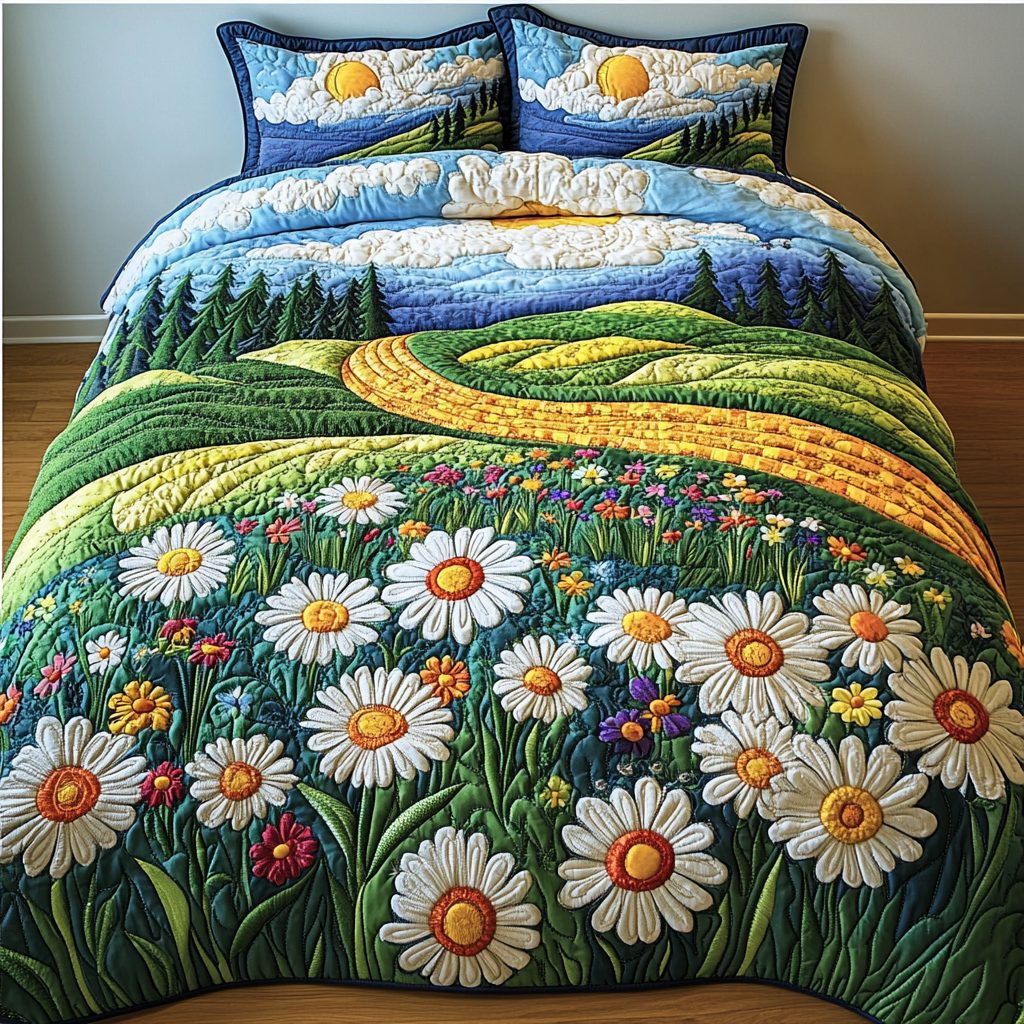 Sunlit Serenity quilted 3-piece bedding set on a made bed with two matching pillow shams