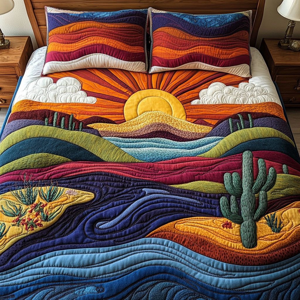 Sunlit Serenity quilted 3-piece bedding set on a made bed with two matching pillow shams