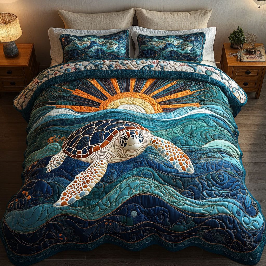 Sunlit Shores quilted 3-piece bedding set on a made bed in a light coastal bedroom