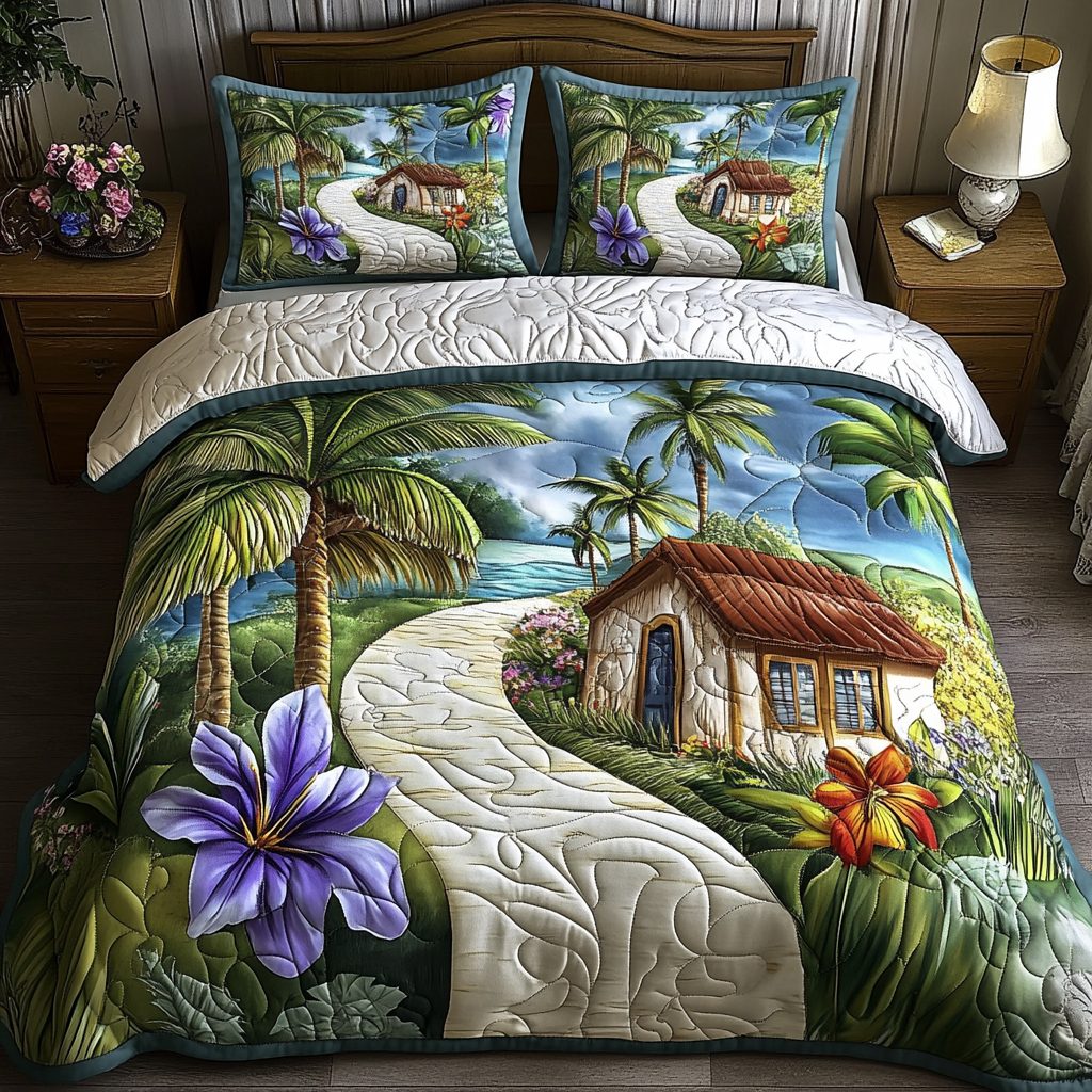 Sunlit Shores quilted 3-piece bedding set on a made bed in a light coastal bedroom