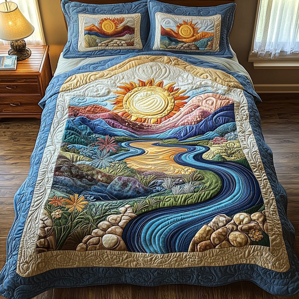 Sunlit Splendor quilted 3-piece bedding set on a made bed with two matching pillow shams