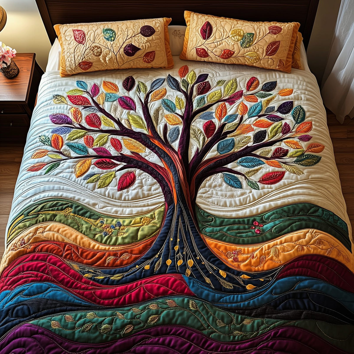 Sunlit Tree of Life quilted 3-piece bedding set on a made bed with two matching pillow shams