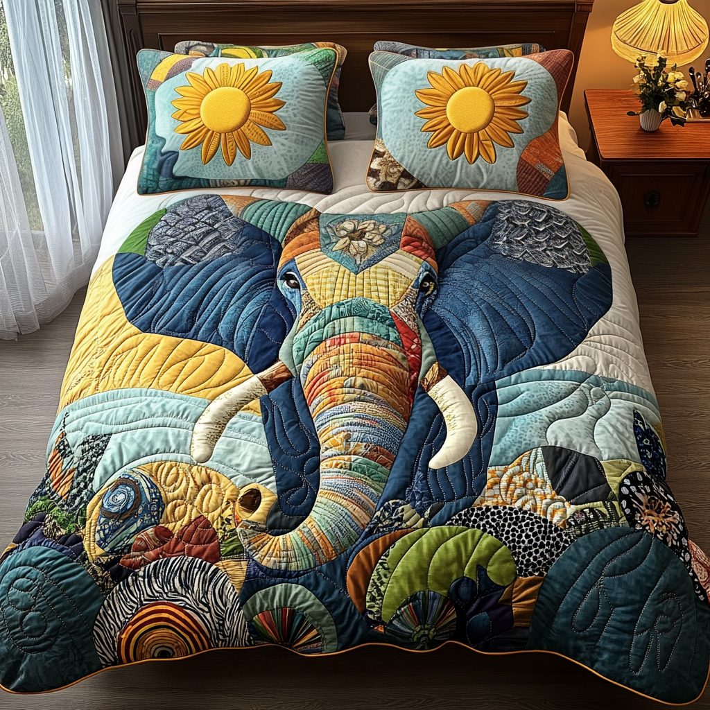Sunlit Wanderer quilted 3-piece bedding set on a made bed with two matching pillow shams