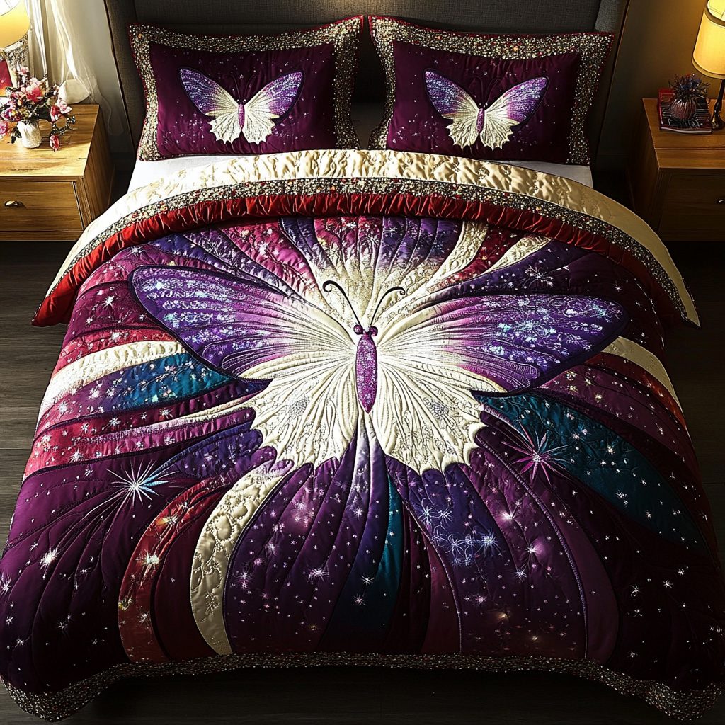 Sunlit Wings quilted 3-piece bedding set on a made bed with two matching pillow shams