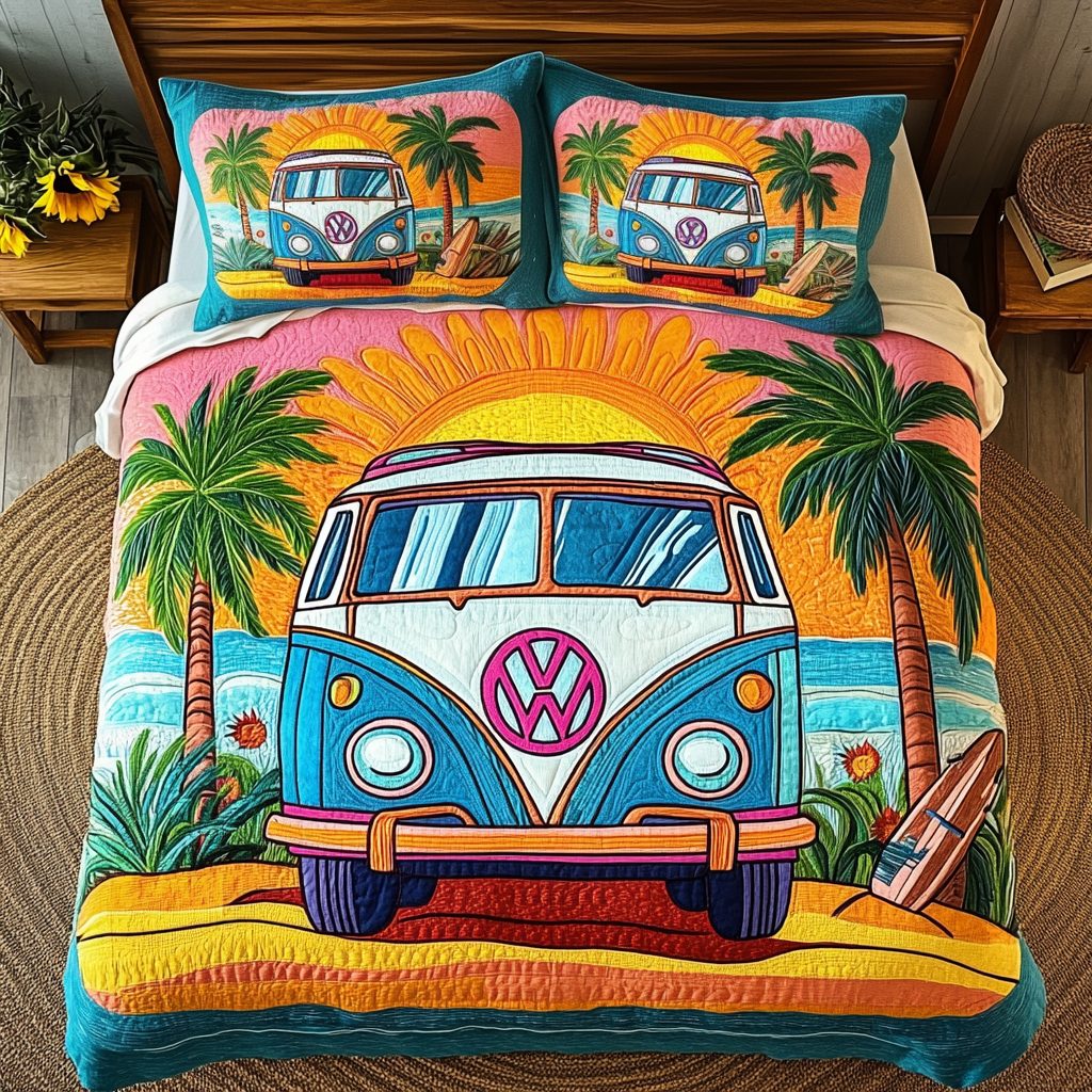 Sunny Bay quilted 3-piece bedding set on a made bed in a light coastal bedroom