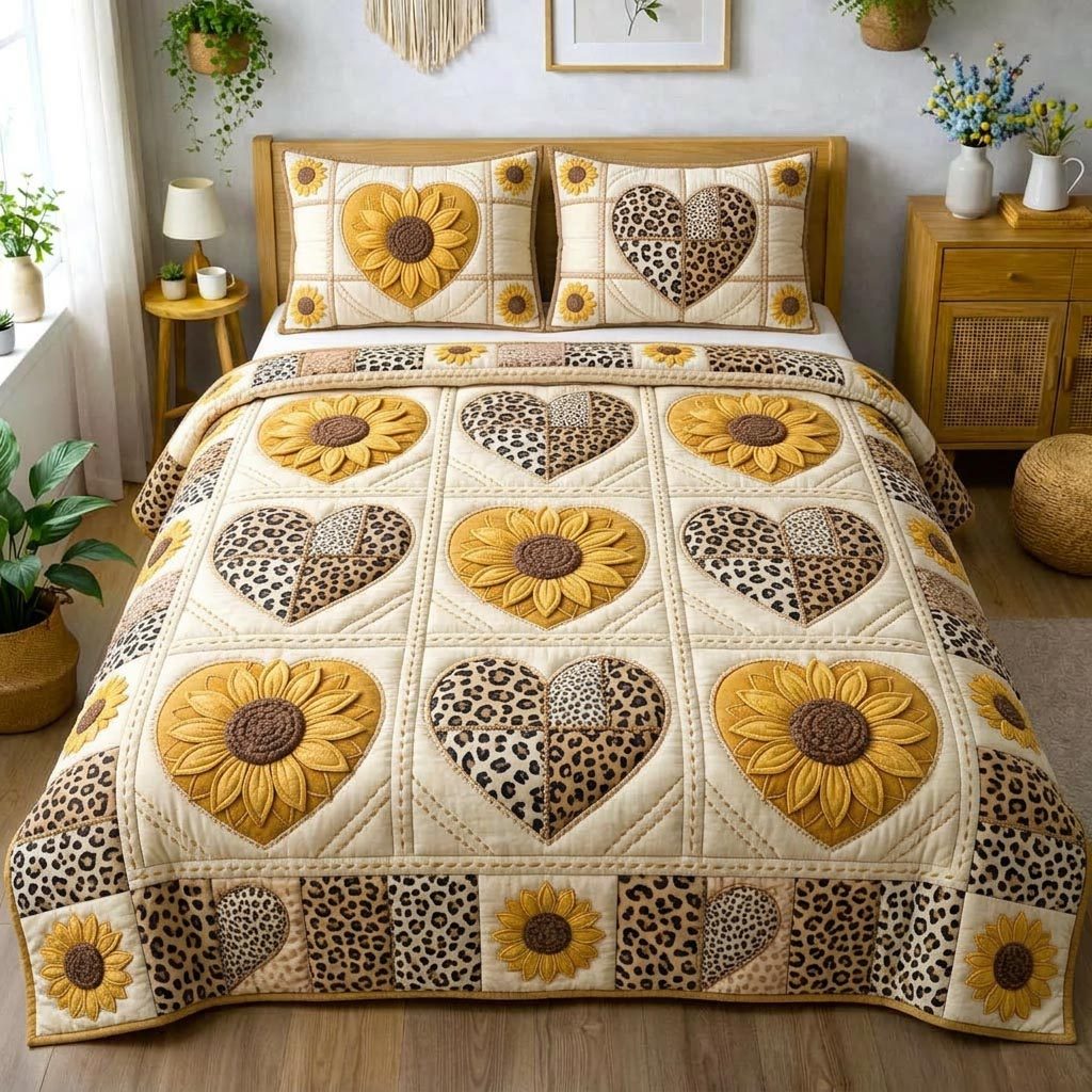 Sunny Bloom quilted 3-piece bedding set on a made bed with two matching pillow shams
