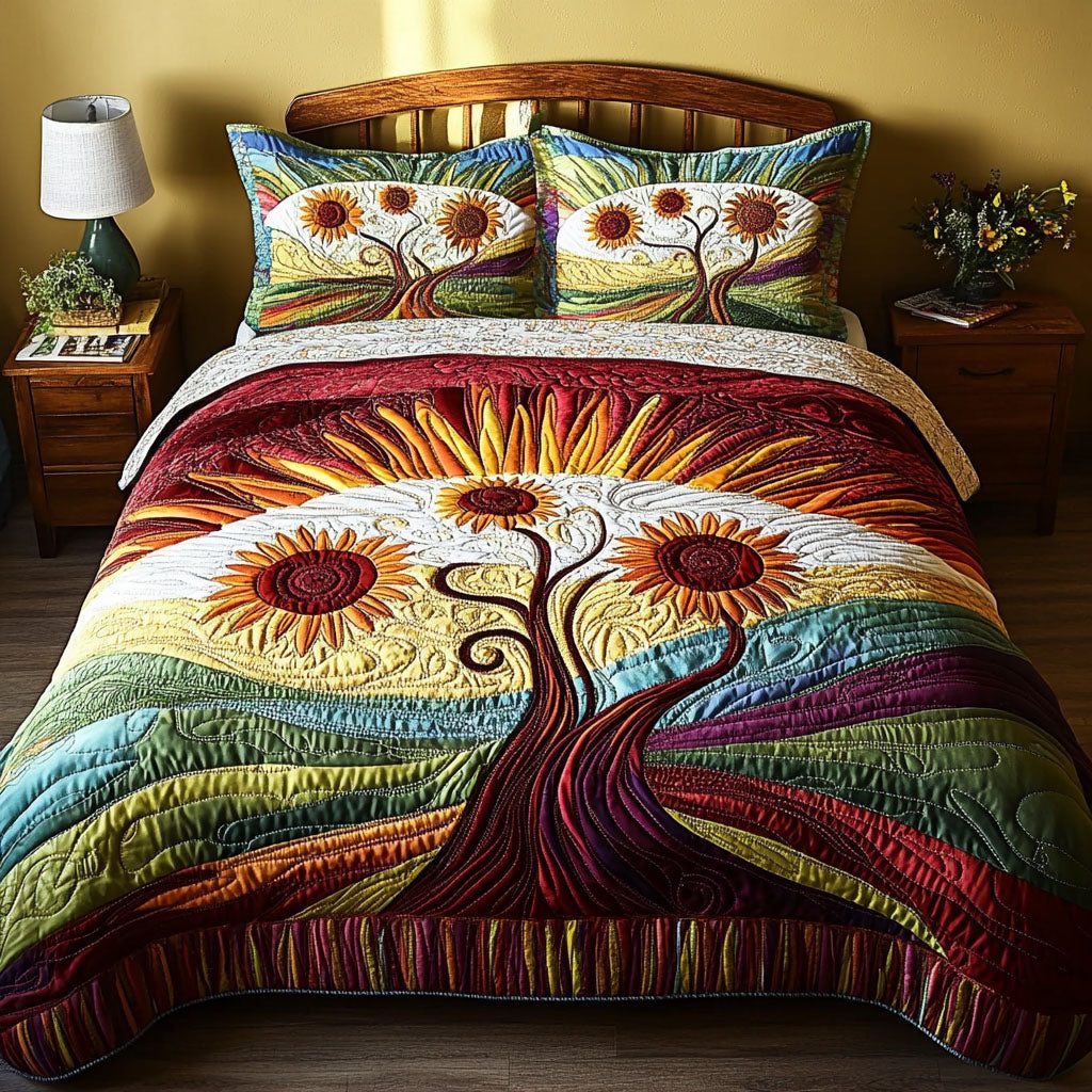 Sunny Blossom Escape quilted 3-piece bedding set on a made bed with two matching pillow shams