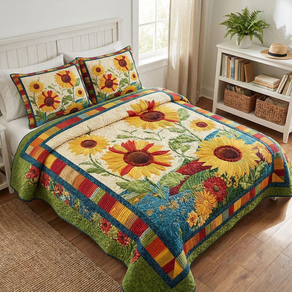 Sunny Blossom Harmony quilted 3-piece bedding set on a made bed with two matching pillow shams