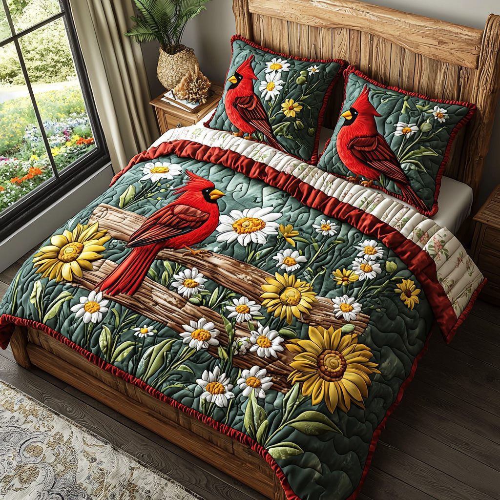 Sunny Cardinal quilted 3-piece bedding set on a made bed with two matching pillow shams