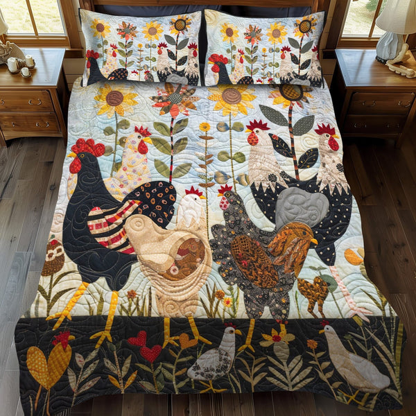Sunny Chickens quilted 3-piece bedding set on a made bed with two matching pillow shams
