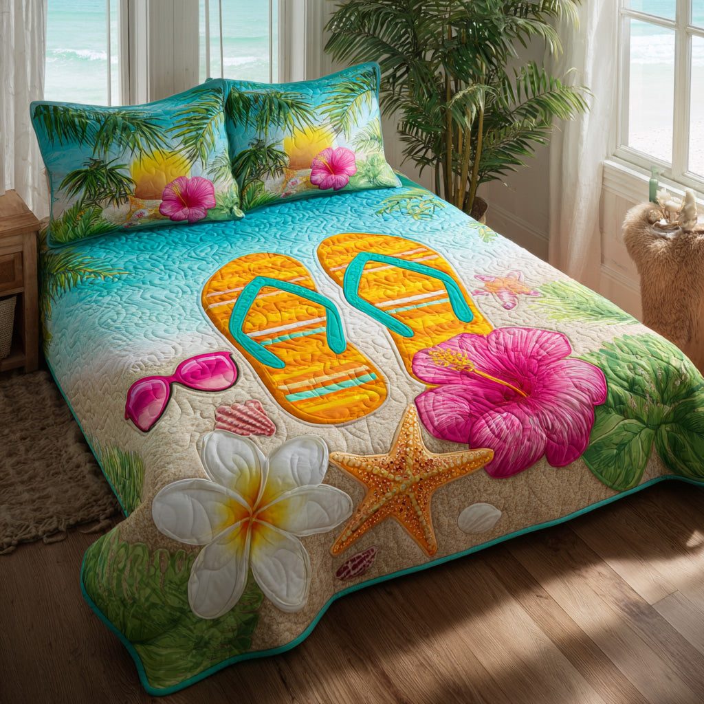 Sunny Coast quilted 3-piece bedding set on a made bed with two matching pillow shams