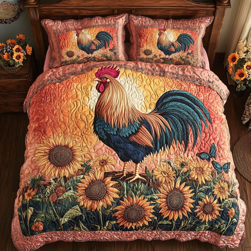 Sunny Cock quilted 3-piece bedding set on a made bed with two matching pillow shams