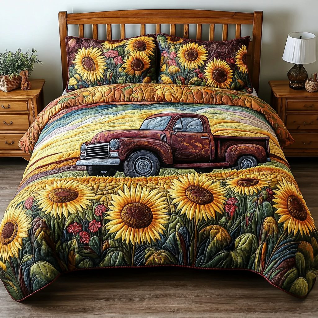 Sunny Drive quilted 3-piece bedding set on a made bed with two matching pillow shams