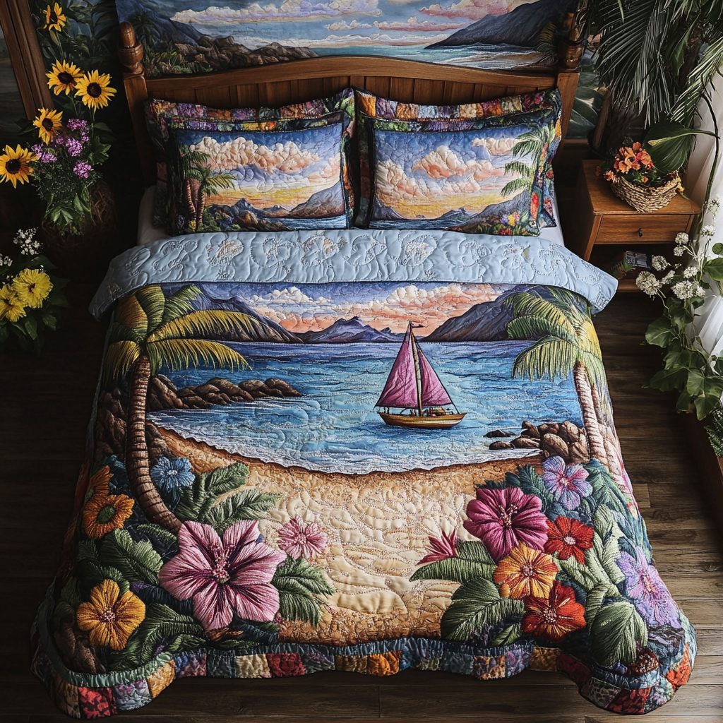 Sunny Escape quilted 3-piece bedding set on a made bed with two matching pillow shams