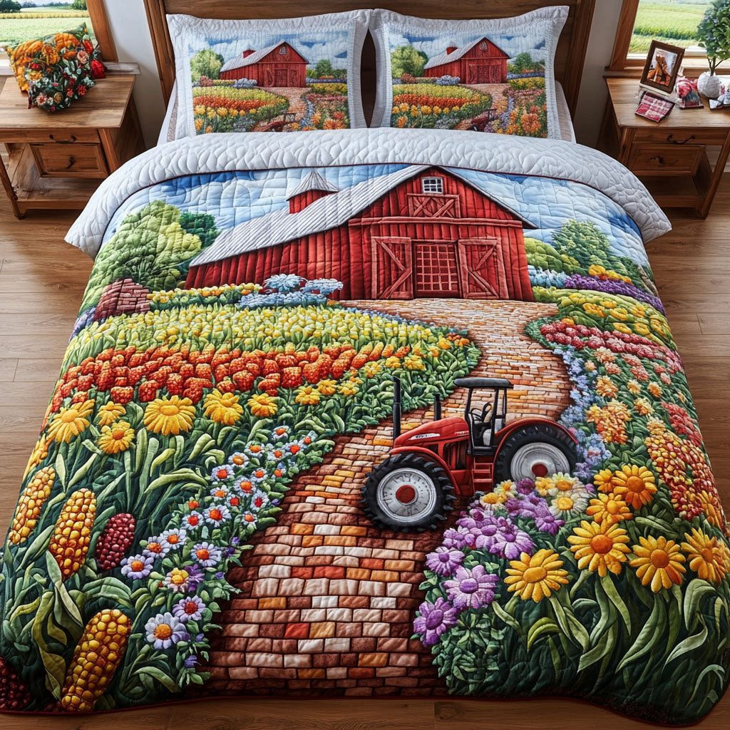 Sunny Fields quilted 3-piece bedding set on a made bed with two matching pillow shams