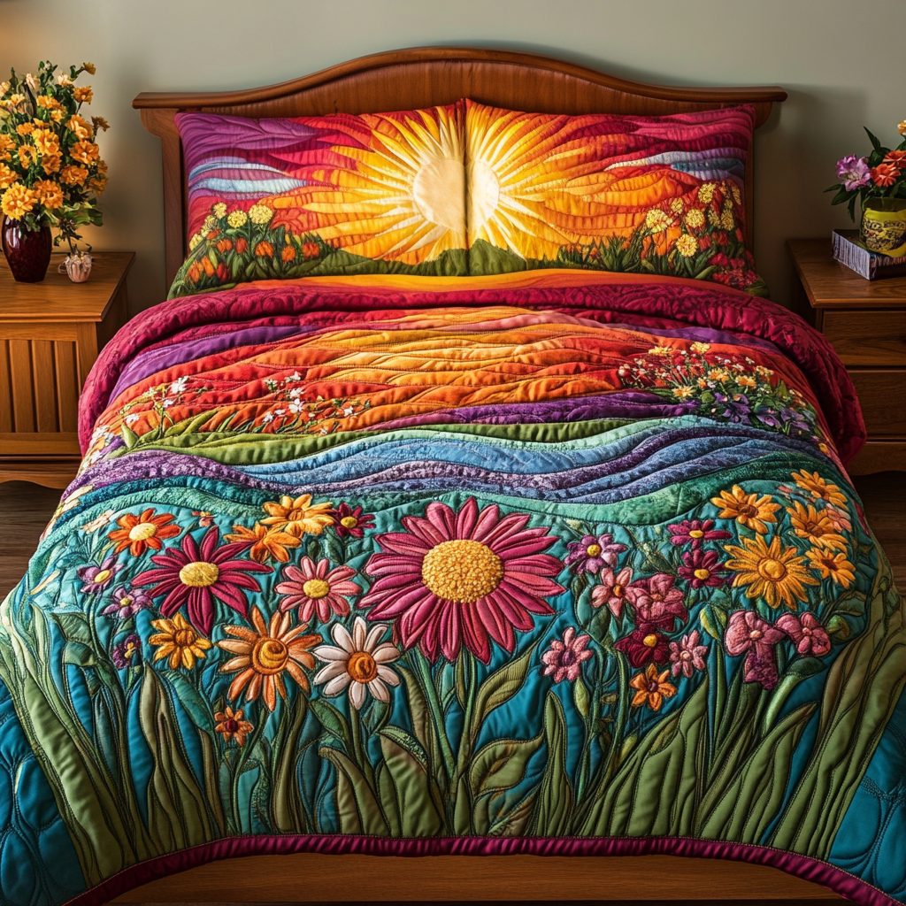 Sunny Florals quilted 3-piece bedding set on a made bed with two matching pillow shams