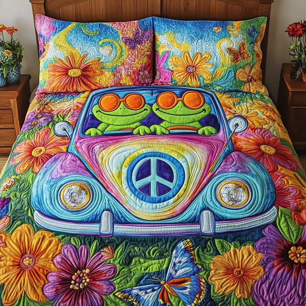 Sunny Frogs quilted 3-piece bedding set on a made bed with two matching pillow shams