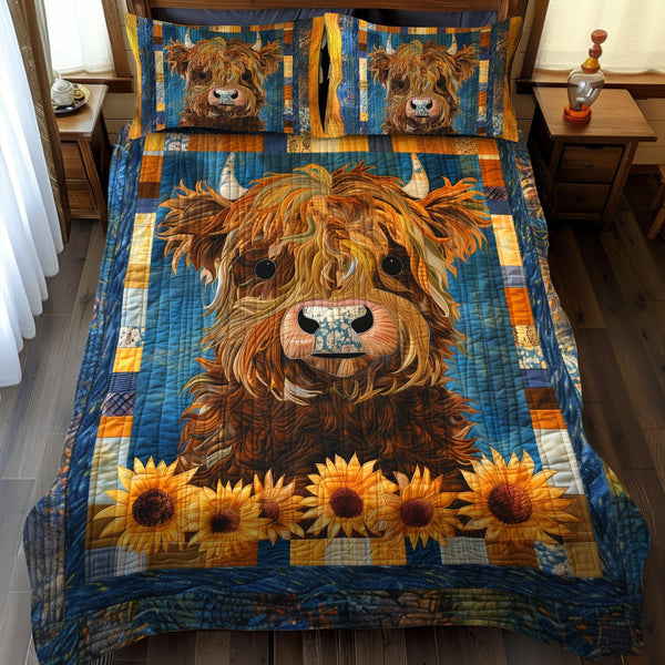 Sunny Highland Cow quilted 3-piece bedding set on a made bed with two matching pillow shams