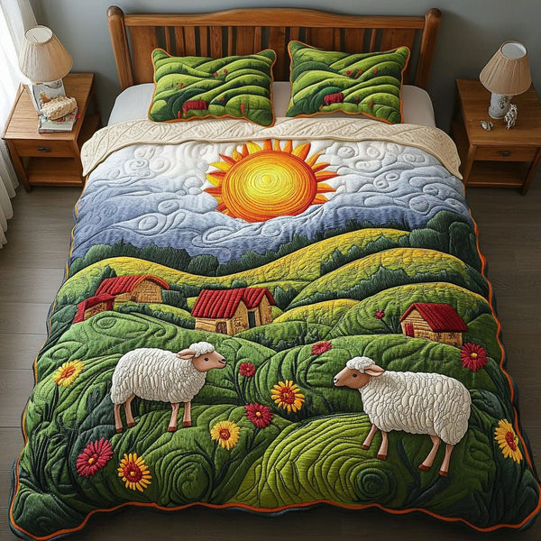 Sunny Hills Sheep quilted 3-piece bedding set on a made bed with two matching pillow shams