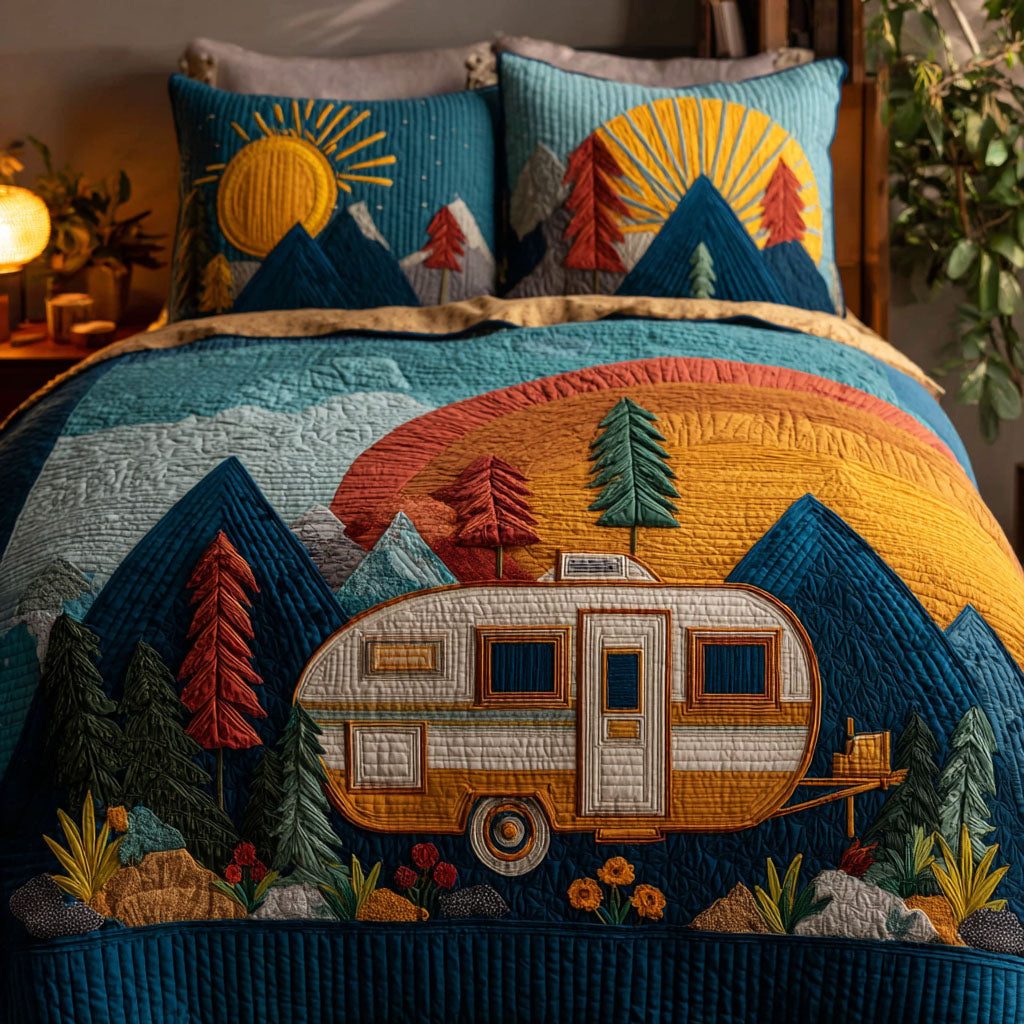 Sunny Journey quilted 3-piece bedding set on a made bed with two matching pillow shams
