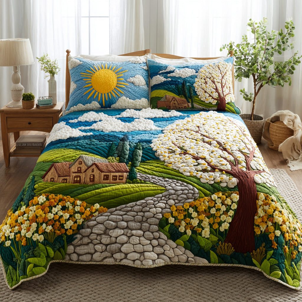 Sunny Orchard quilted 3-piece bedding set on a made bed with two matching pillow shams