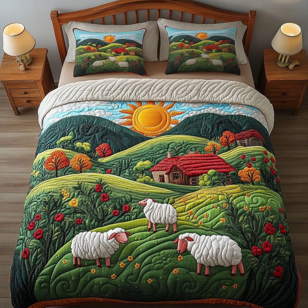 Sunny Pasture Hills quilted 3-piece bedding set on a made bed with two matching pillow shams