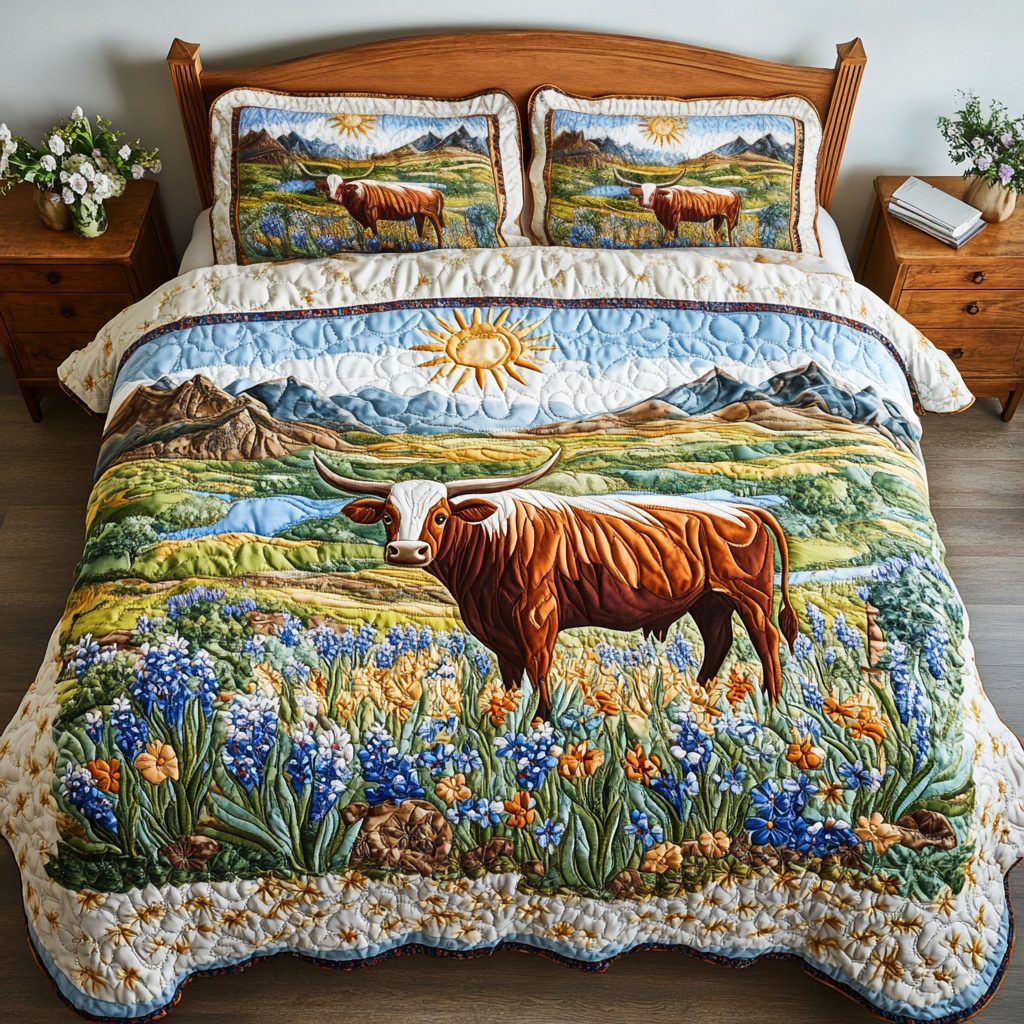 Sunny Pastures quilted 3-piece bedding set on a made bed with two matching pillow shams