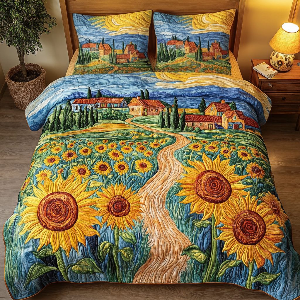Sunny Path quilted 3-piece bedding set on a made bed with two matching pillow shams