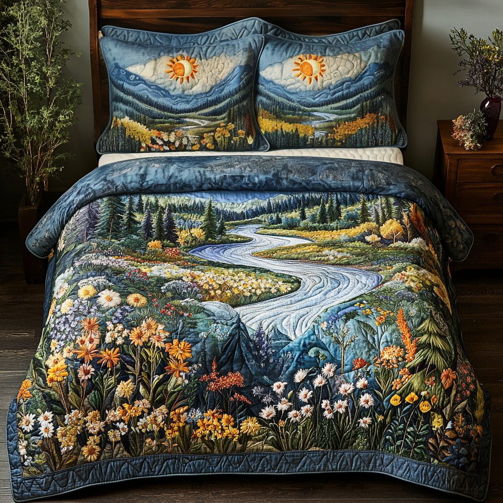 Sunny Peaks quilted 3-piece bedding set on a made bed with two matching pillow shams