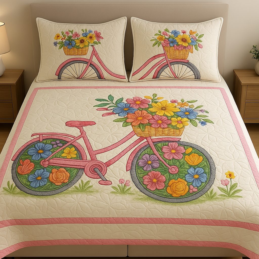 Sunny Pedals quilted 3-piece bedding set on a made bed with two matching pillow shams