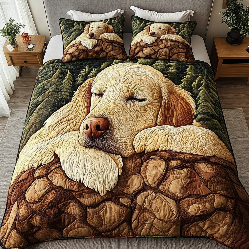 Sunny Retriever quilted 3-piece bedding set on a made bed with two matching pillow shams
