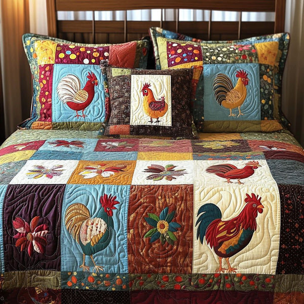 Sunny Rooster quilted 3-piece bedding set on a made bed with two matching pillow shams