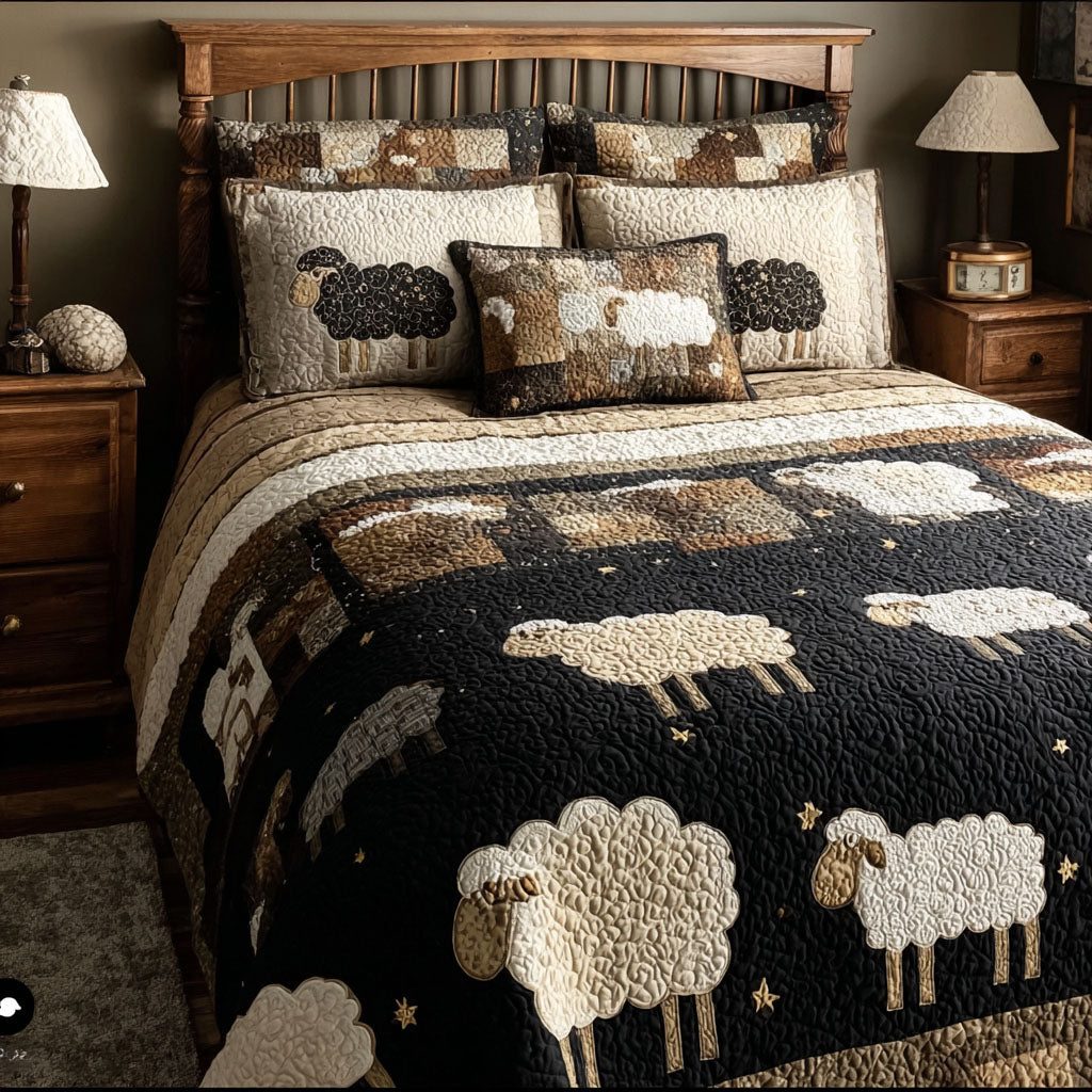 Sunny Sheep quilted 3-piece bedding set on a made bed with two matching pillow shams